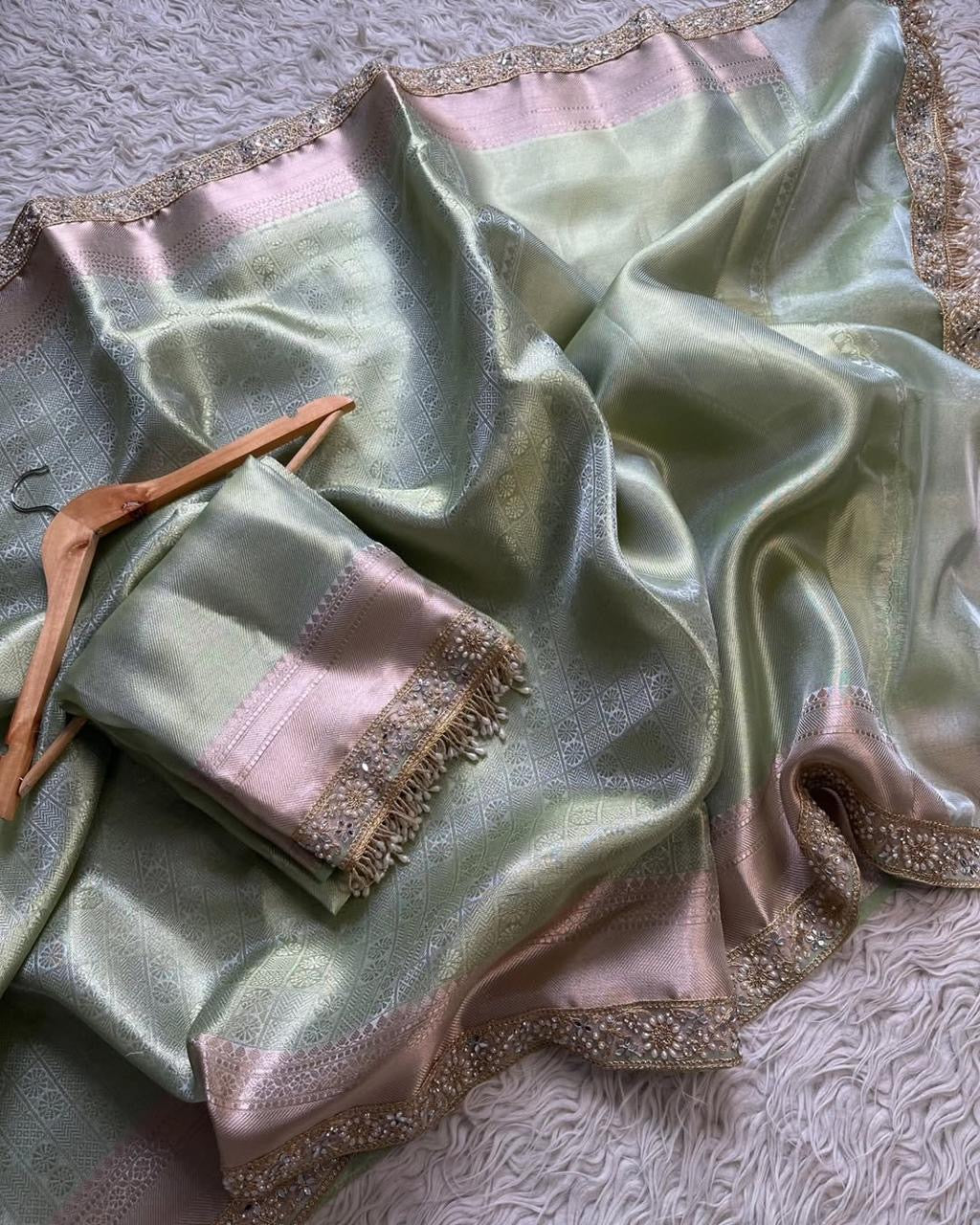 Star-studded elegant Banarasi Tissue Saree with Luxurious Lace & Designer Contrast Accents
