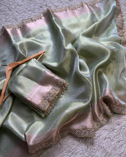 Star-studded elegant Banarasi Tissue Saree with Luxurious Lace & Designer Contrast Accents