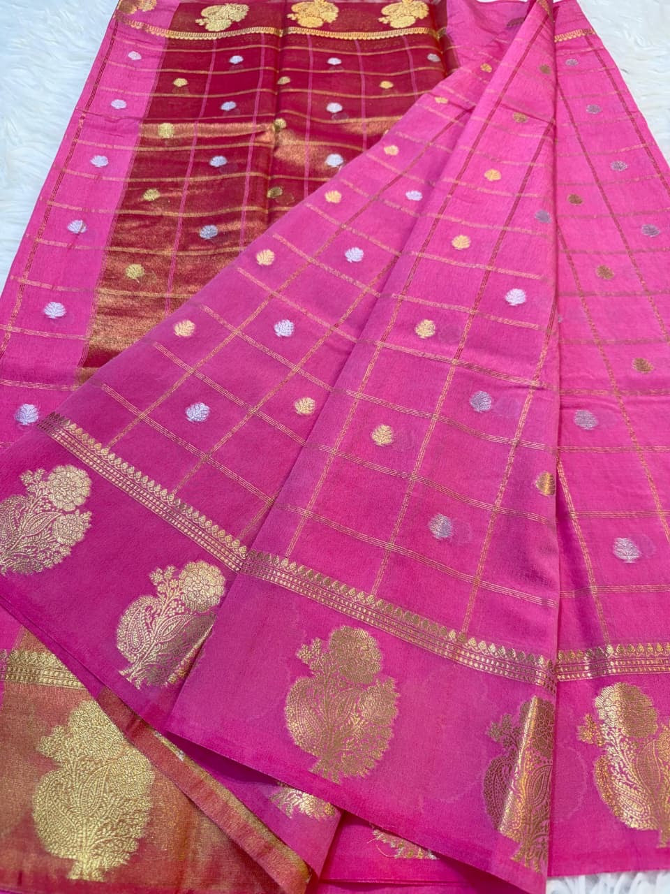Pink colour Banarasi viscose silk saree with zari checks weaves