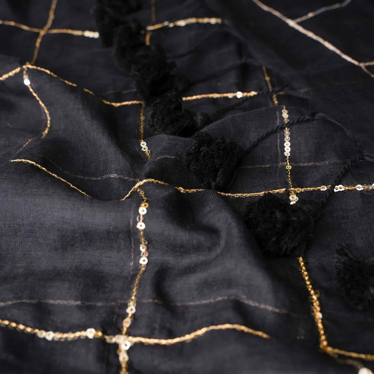 Black and gold checkered Sequins Handloom Tissue Silk Saree with Tassels – Premium Party & Festive Wear