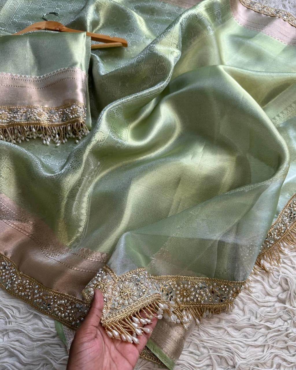 Star-studded elegant Banarasi Tissue Saree with Luxurious Lace & Designer Contrast Accents