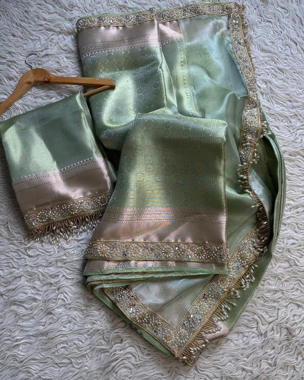 Star-studded elegant Banarasi Tissue Saree with Luxurious Lace & Designer Contrast Accents