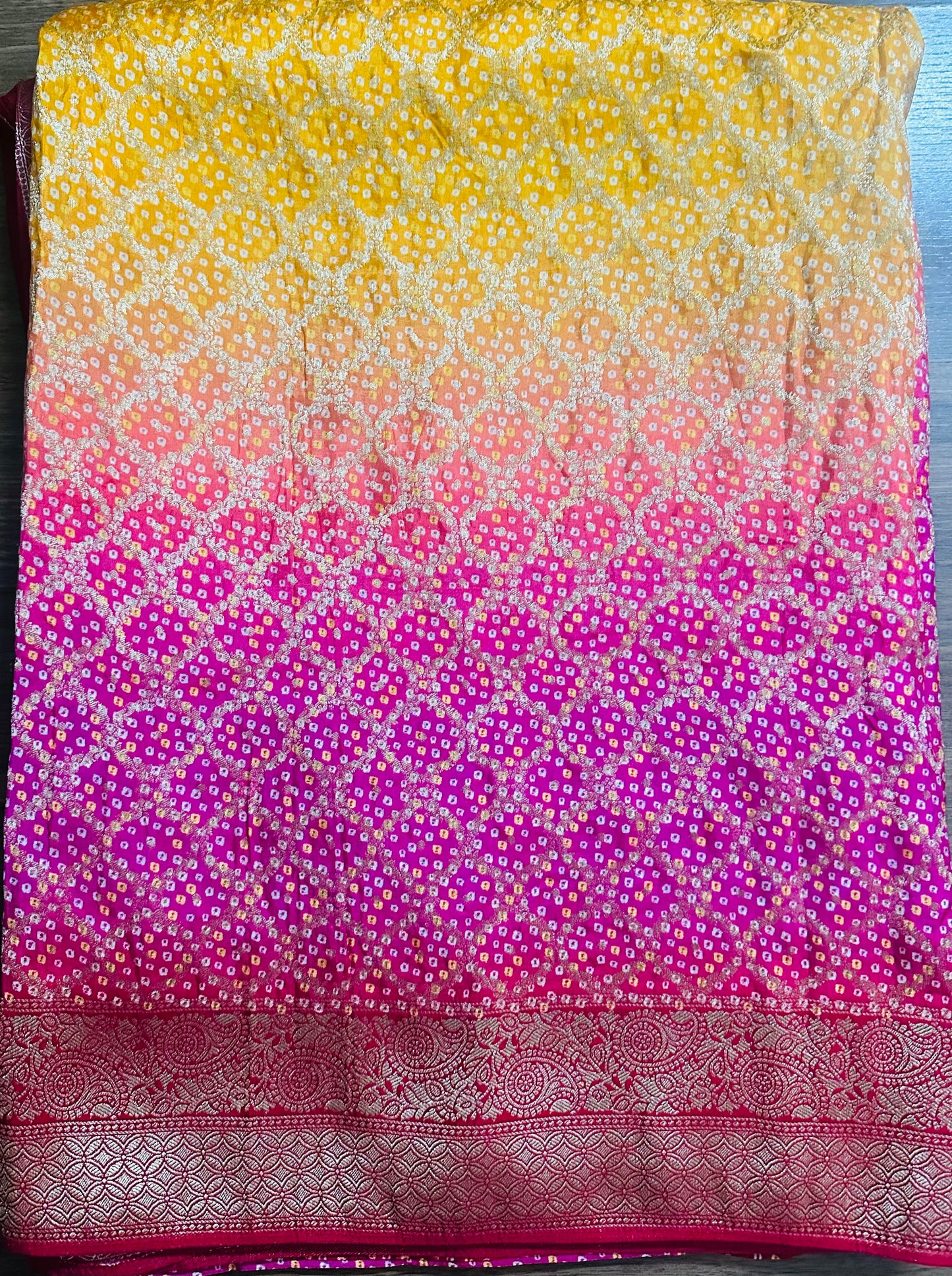 Radiant Banaras Semi-Khadi Georgette Bandhini Saree in Yellow & Pink Pattern