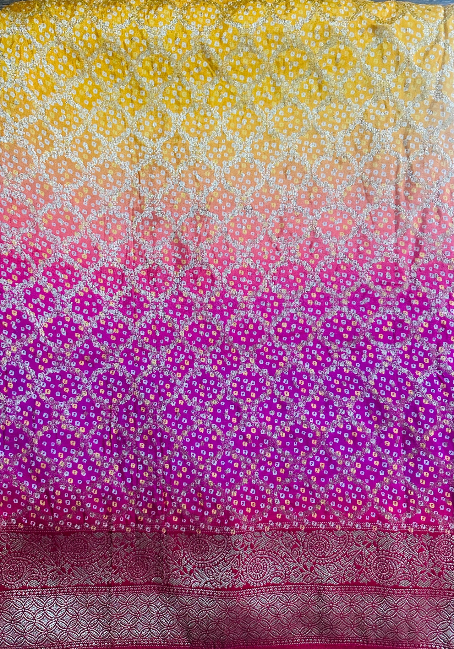 Radiant Banaras Semi-Khadi Georgette Bandhini Saree in Yellow & Pink Pattern