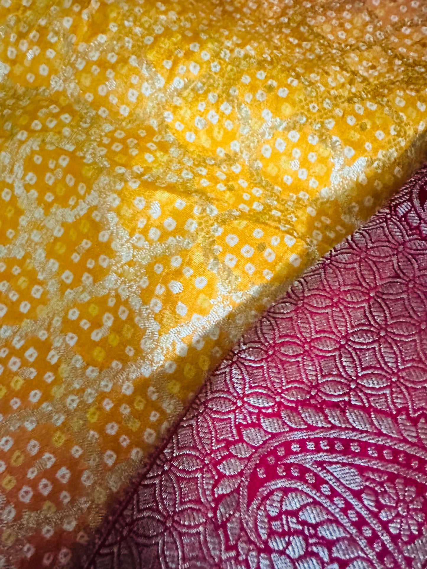 Radiant Banaras Semi-Khadi Georgette Bandhini Saree in Yellow & Pink Pattern