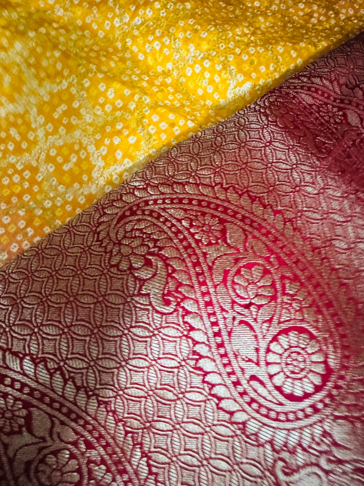 Radiant Banaras Semi-Khadi Georgette Bandhini Saree in Yellow & Pink Pattern