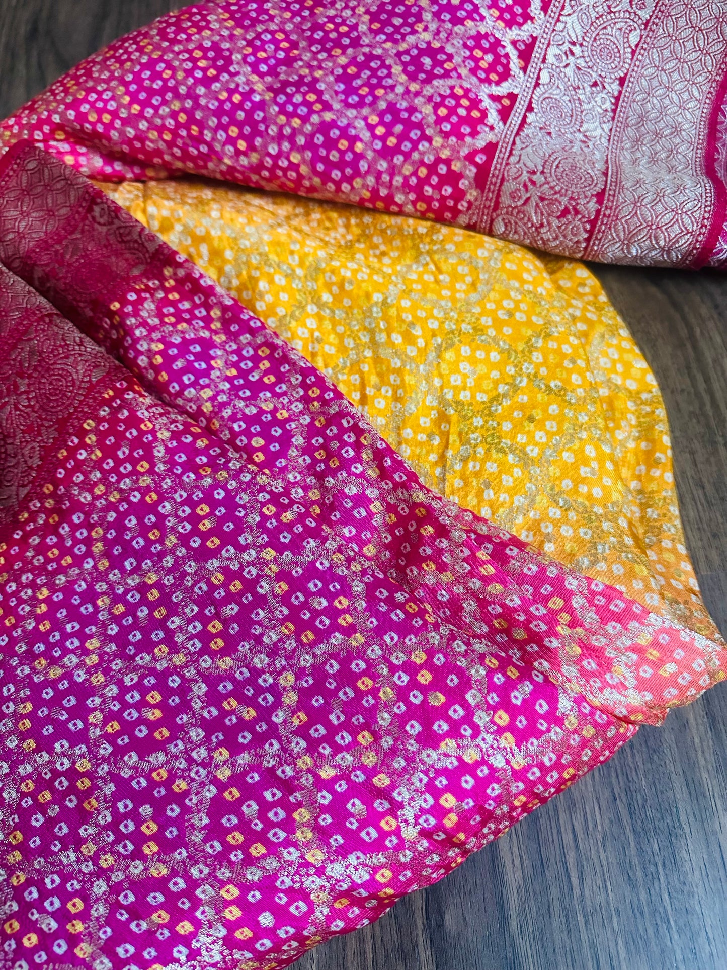 Radiant Banaras Semi-Khadi Georgette Bandhini Saree in Yellow & Pink Pattern