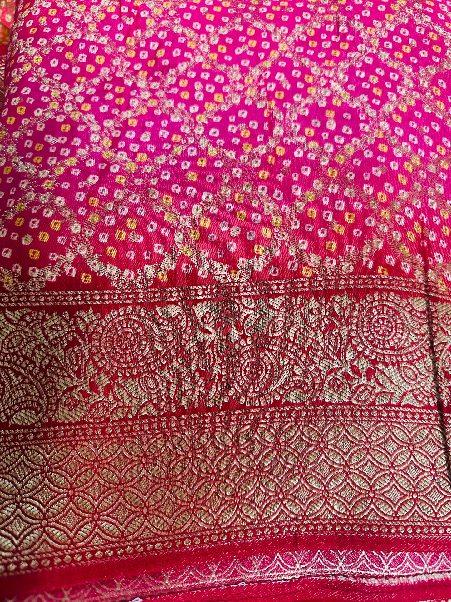 Radiant Banaras Semi-Khadi Georgette Bandhini Saree in Yellow & Pink Pattern