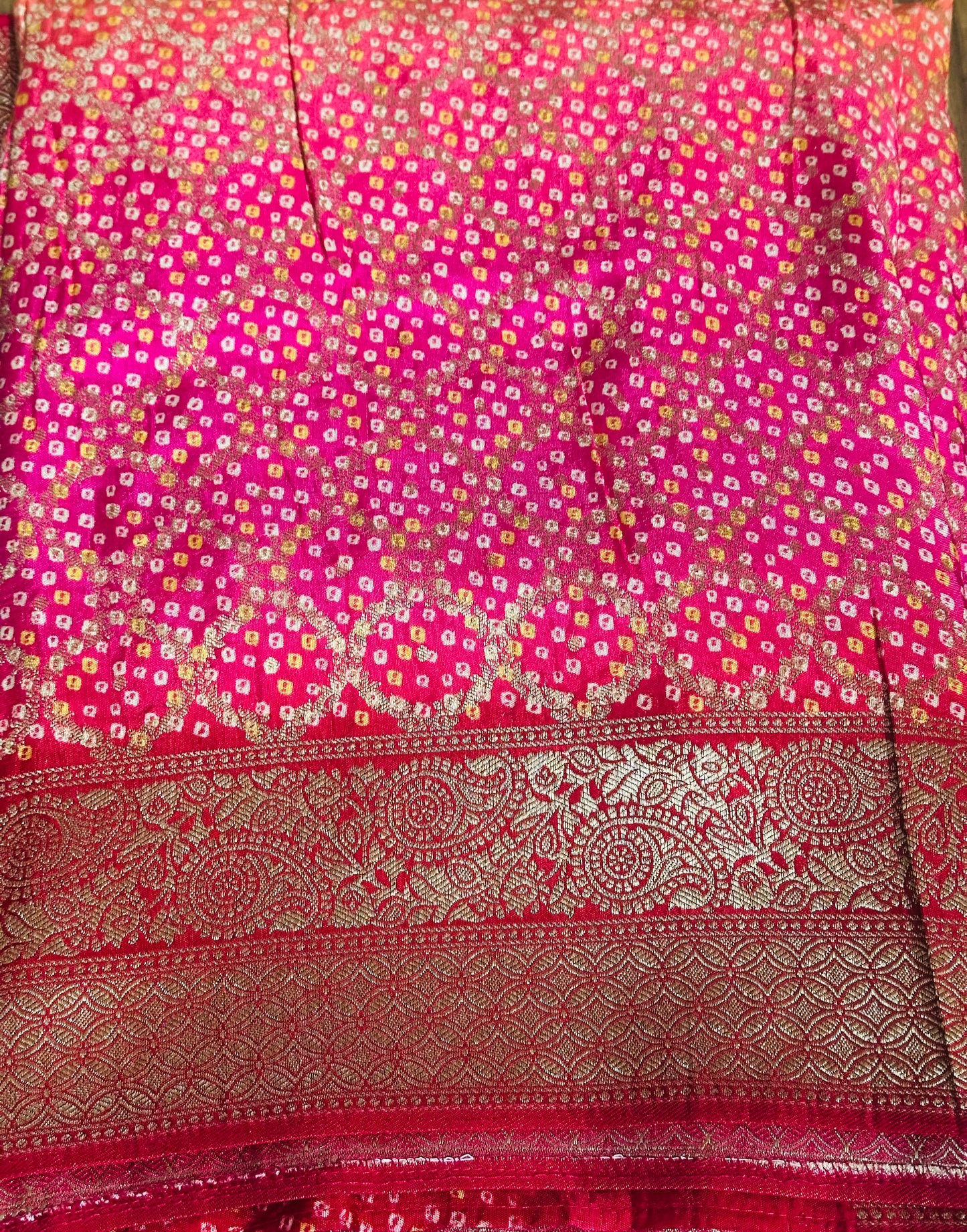 Radiant Banaras Semi-Khadi Georgette Bandhini Saree in Yellow & Pink Pattern