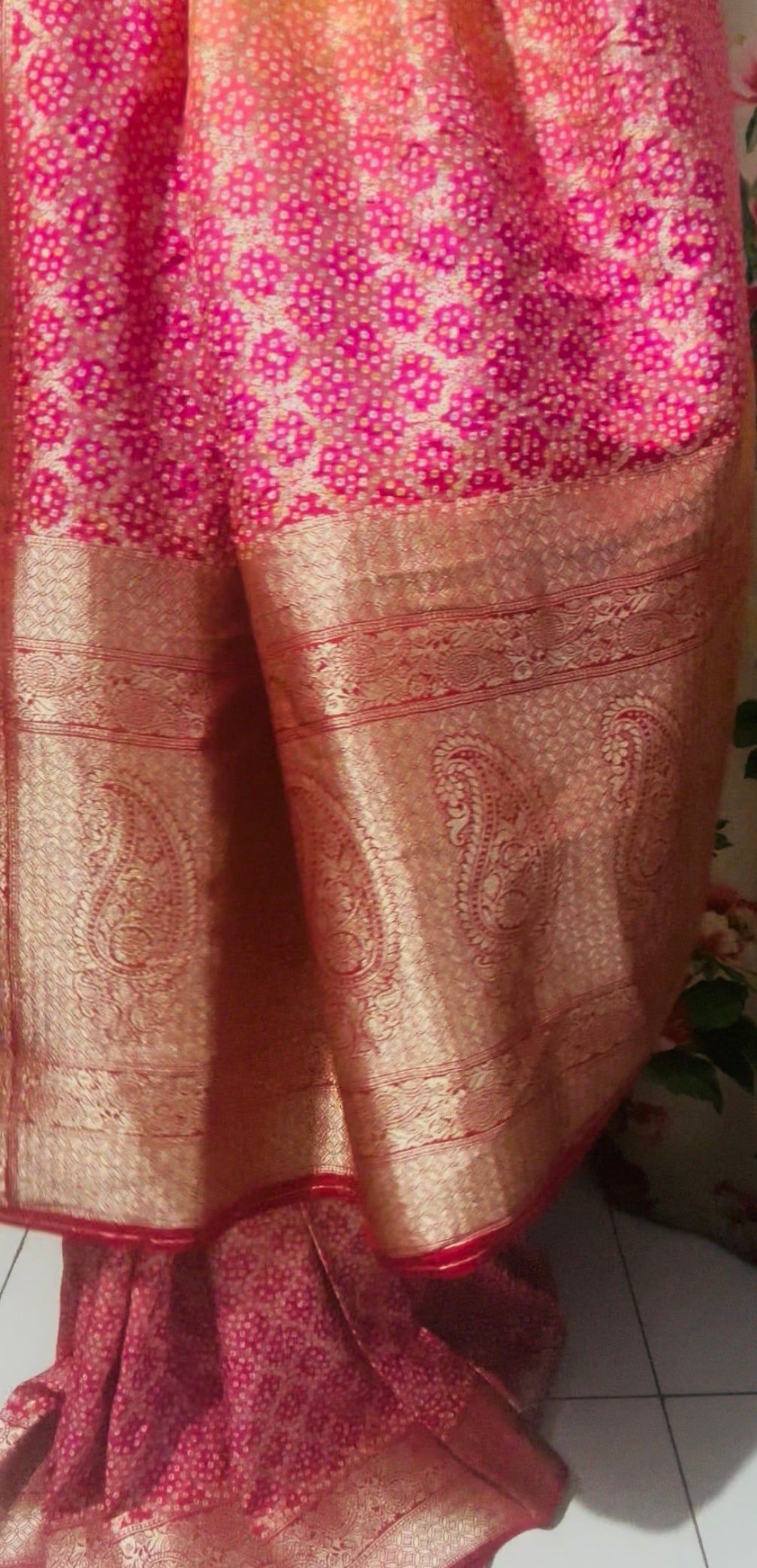 Radiant Banaras Semi-Khadi Georgette Bandhini Saree in Yellow & Pink Pattern