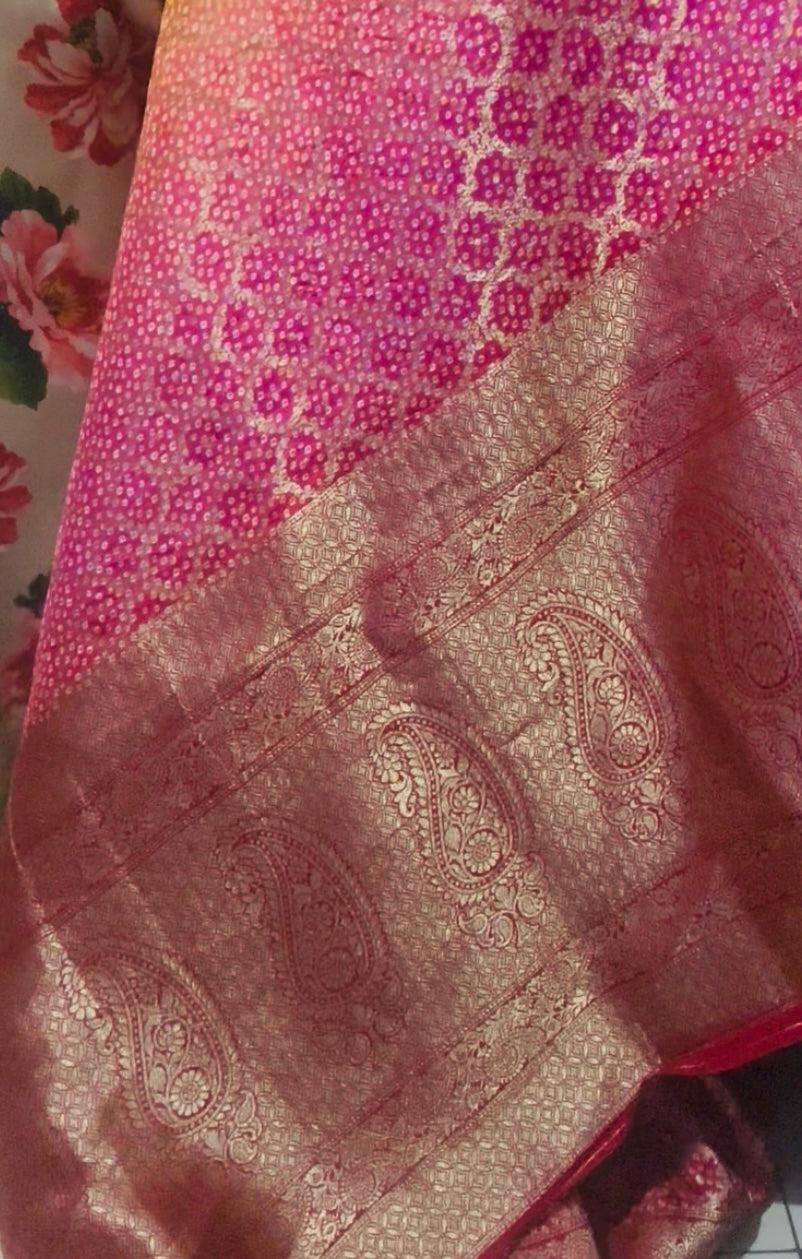 Radiant Banaras Semi-Khadi Georgette Bandhini Saree in Yellow & Pink Pattern