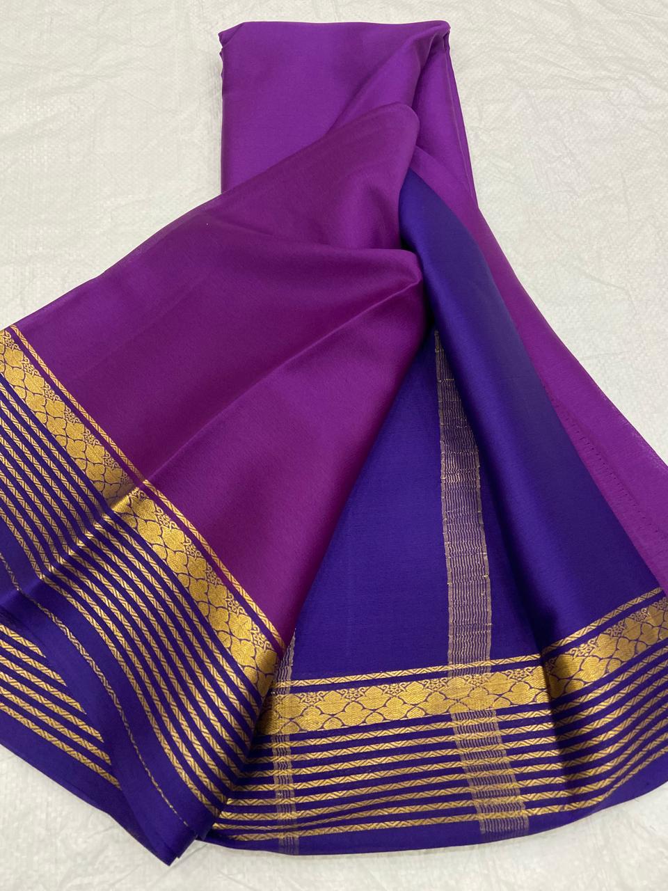 Luxurious Drape, Rich Elegance: A Dark Purple Pure Mysore/Crepe Silk Saree.