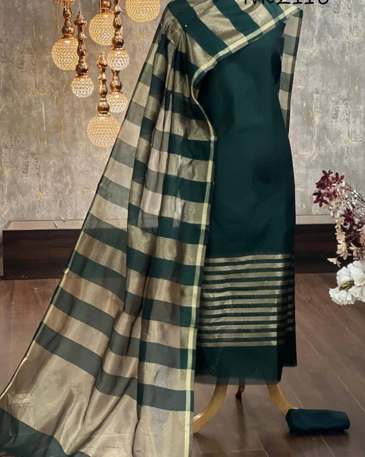 Elegant Green and beige striped 3 Piece Banarasi Suit Set