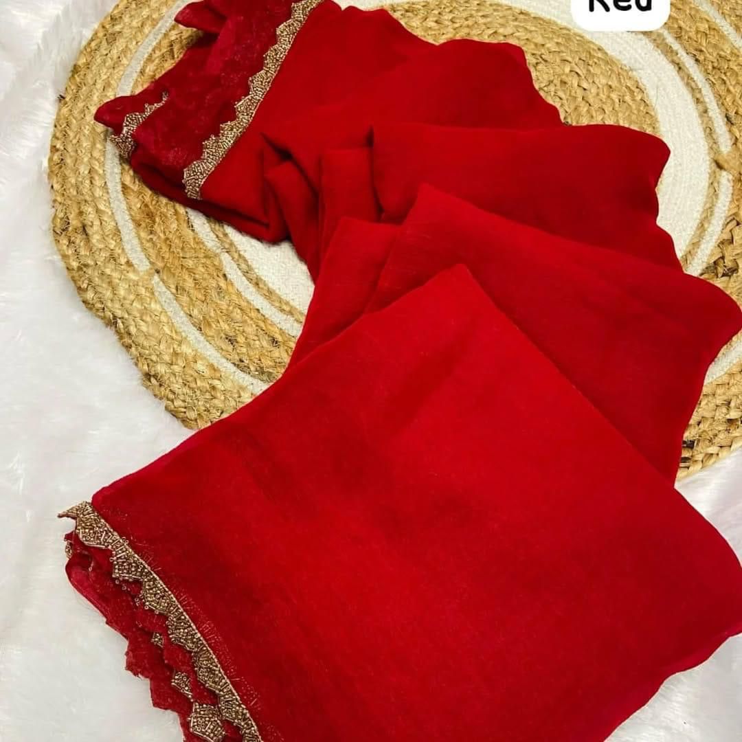 Rich Red colour Shimmer crushed chiffon saree with golden beads lace border and running blouse