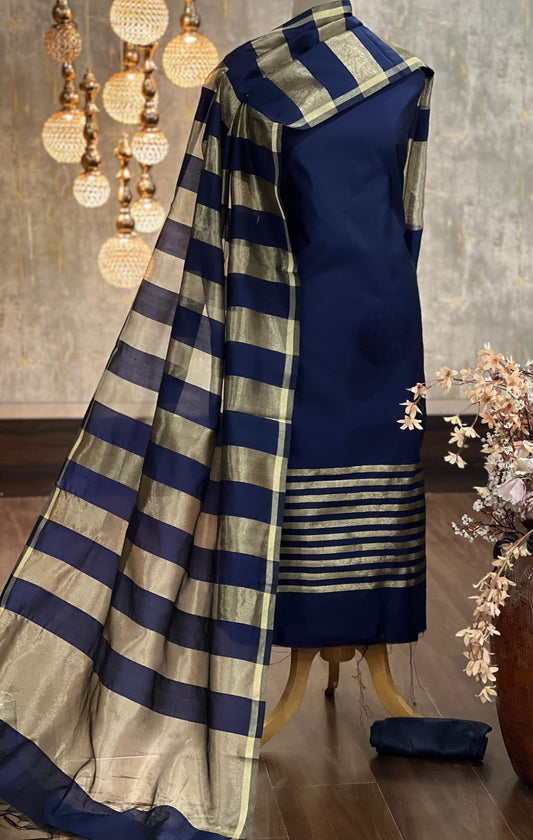 Navy blue and beige striped traditional outfit with a matching dupatta