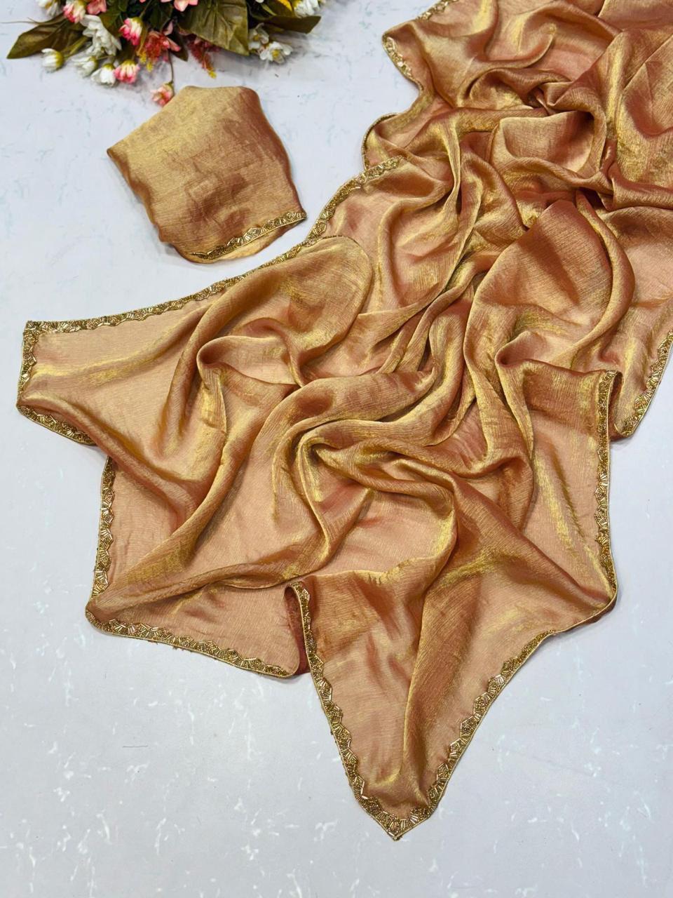 Rich Bronze colour Shimmer crushed chiffon saree with golden beads lace border and running blouse