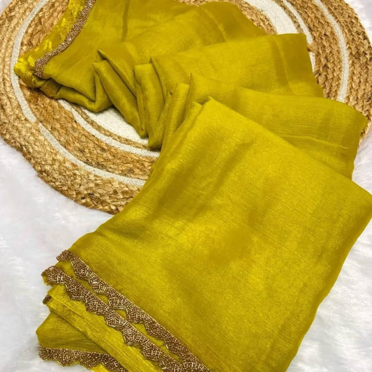 Rich Shimmer crushed chiffon saree with golden beads lace border and running blouse