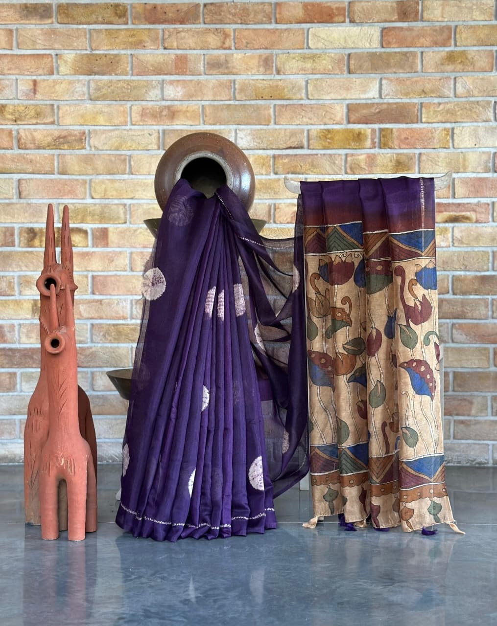 Ethereal Fusion – Dark Purple Chanderi Silk Saree with Kalamkari Elegance