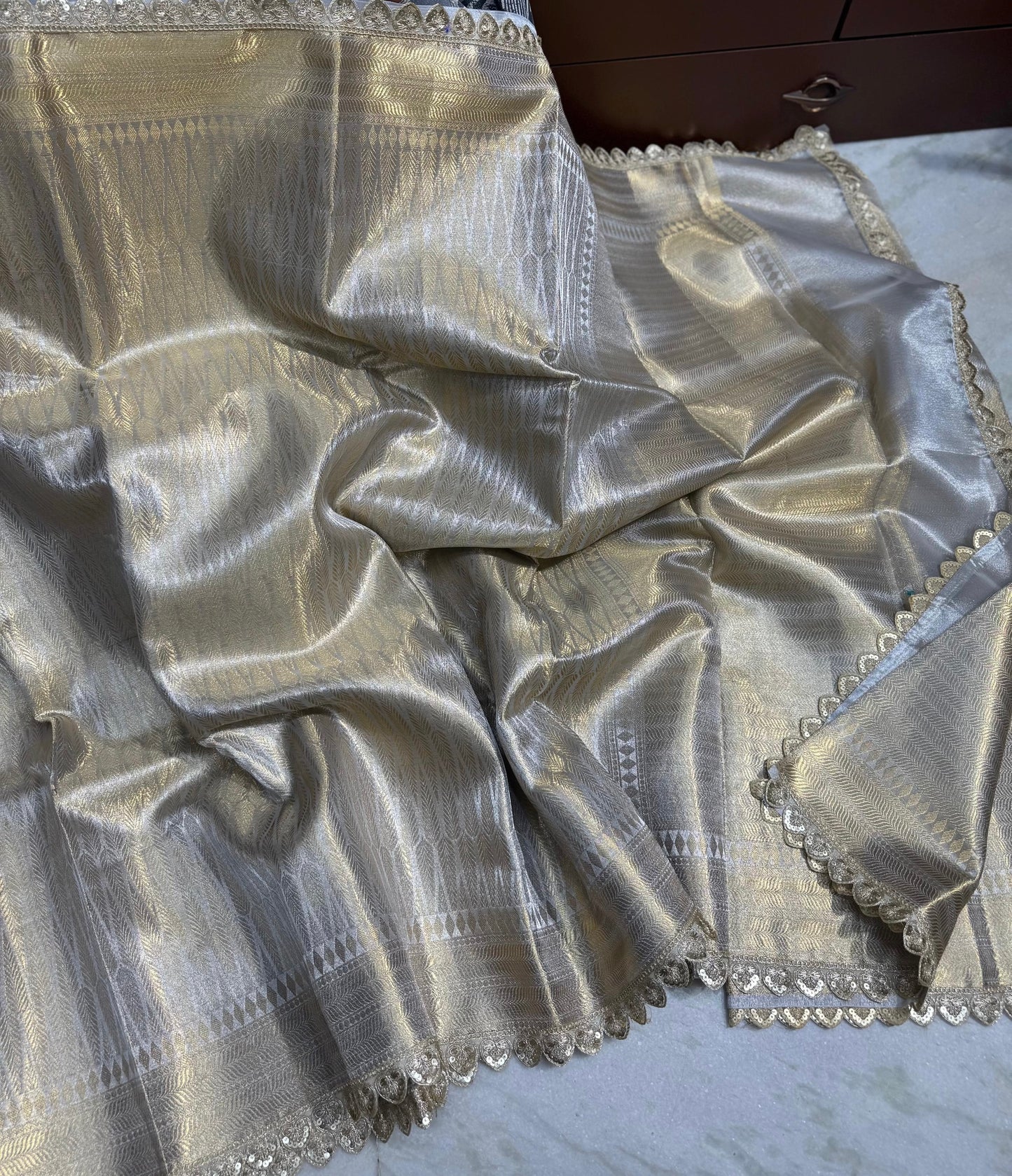 Elegant Banarasi Tissue Saree with Delicate Cutwork Lace Border