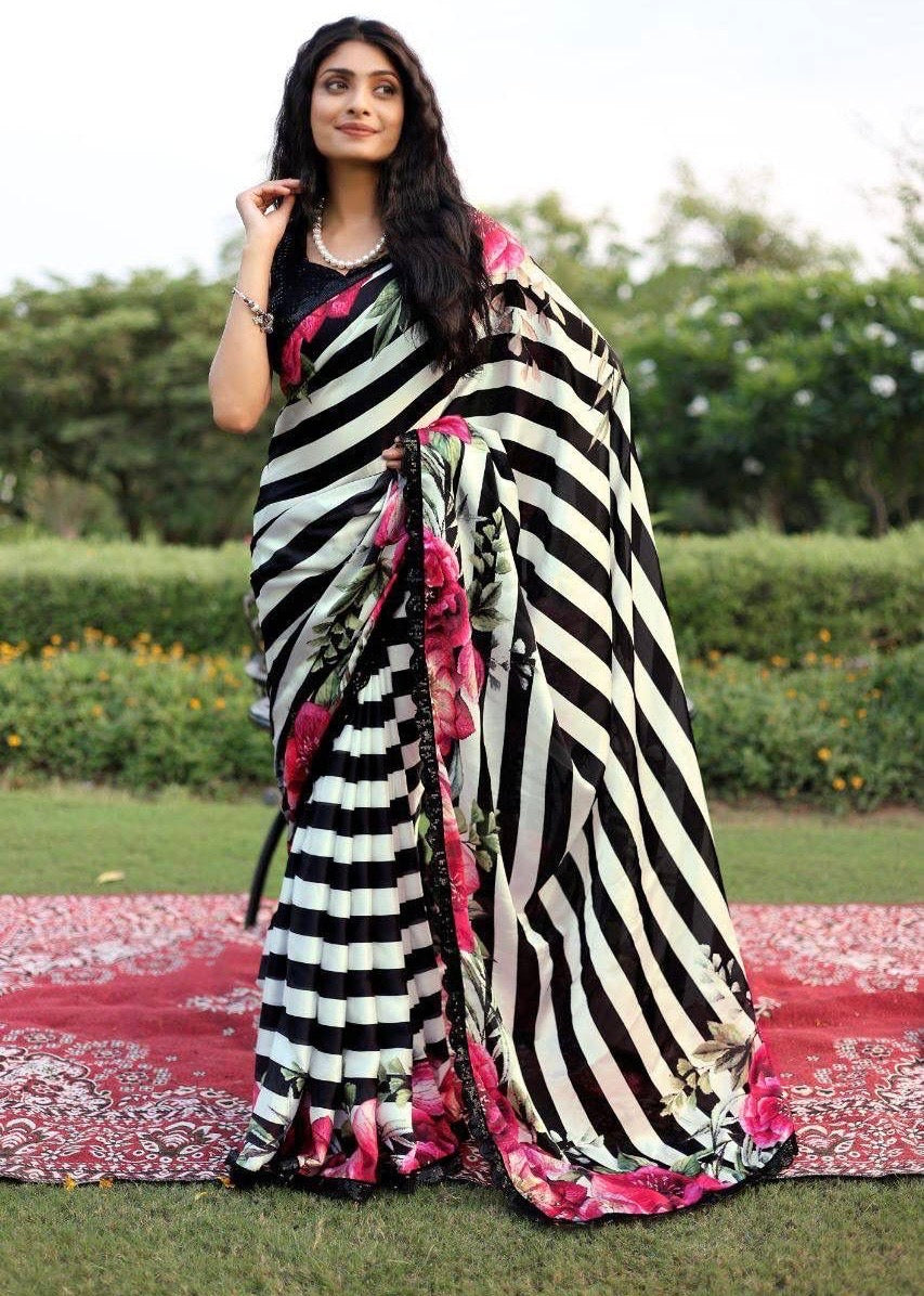 Soft & smooth satin Georgette geometrical strips print with floral print border comes with sequence work lace