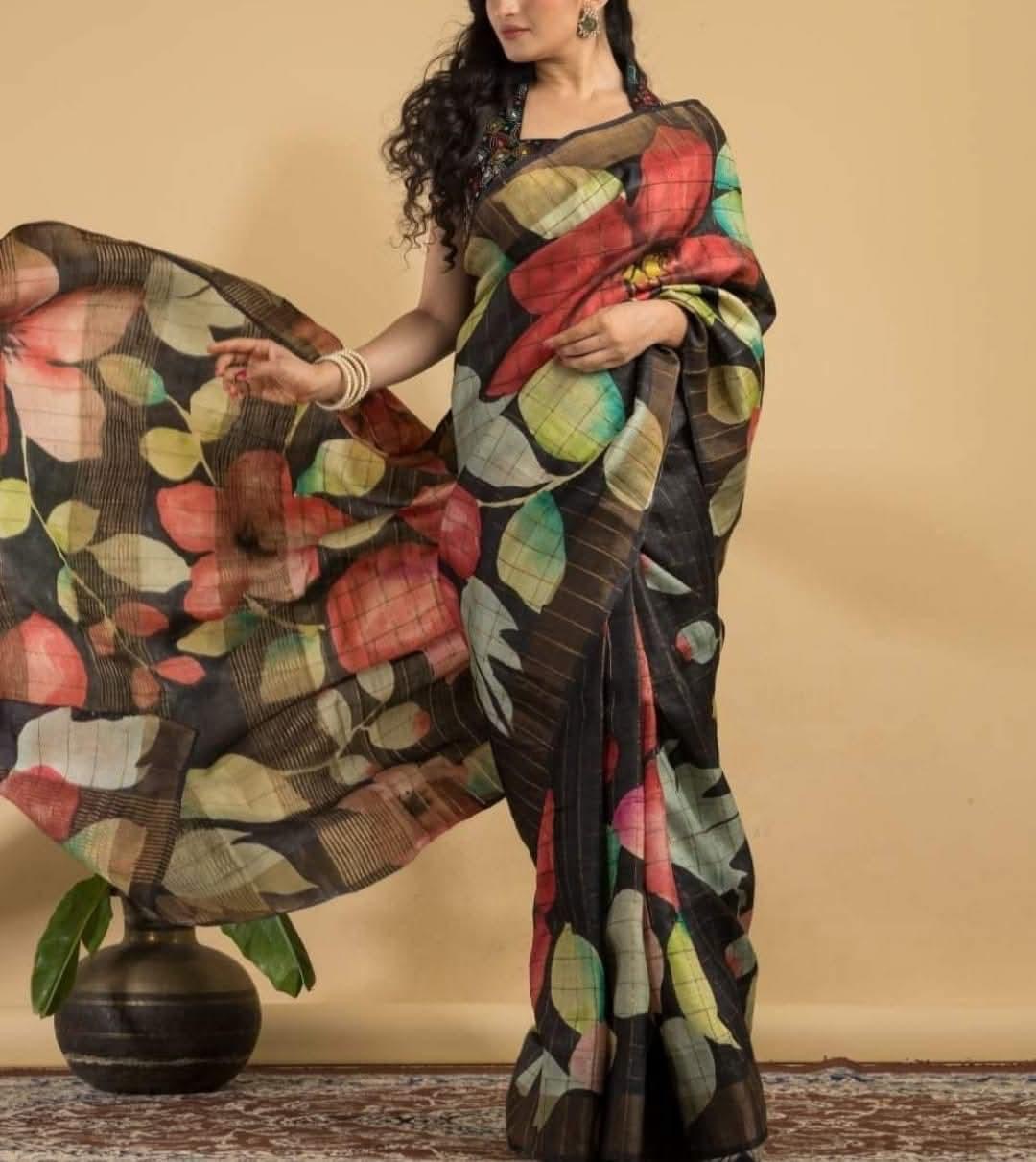 Midnight Black Pure Tussar Silk Saree - Handcrafted Elegance