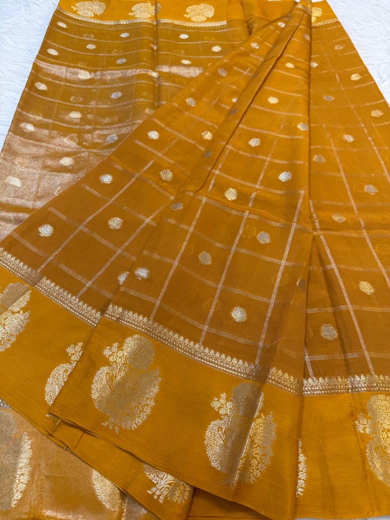 Mustard Banarasi Viscose Silk Saree with Golden Zari Weaves