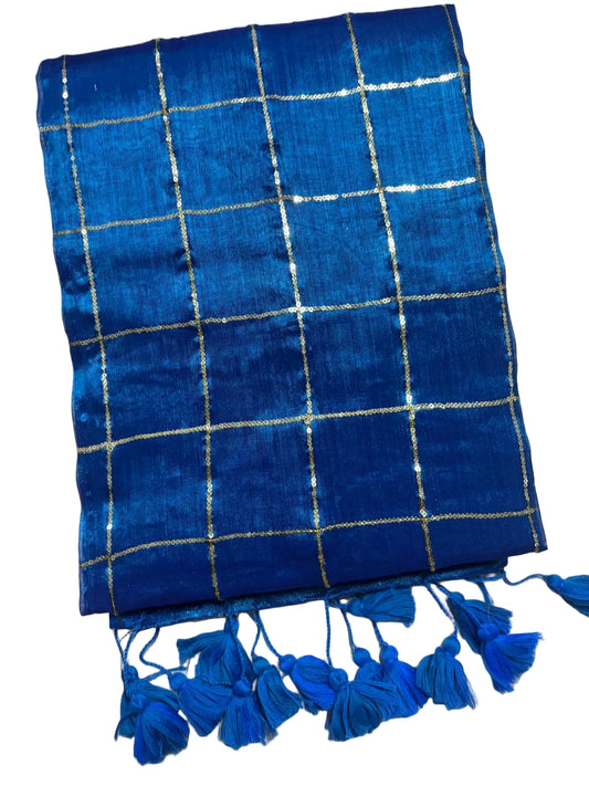 Royal Blue Sequins Handloom Tissue Silk Saree with Tassels – Premium Party & Festive Wear
