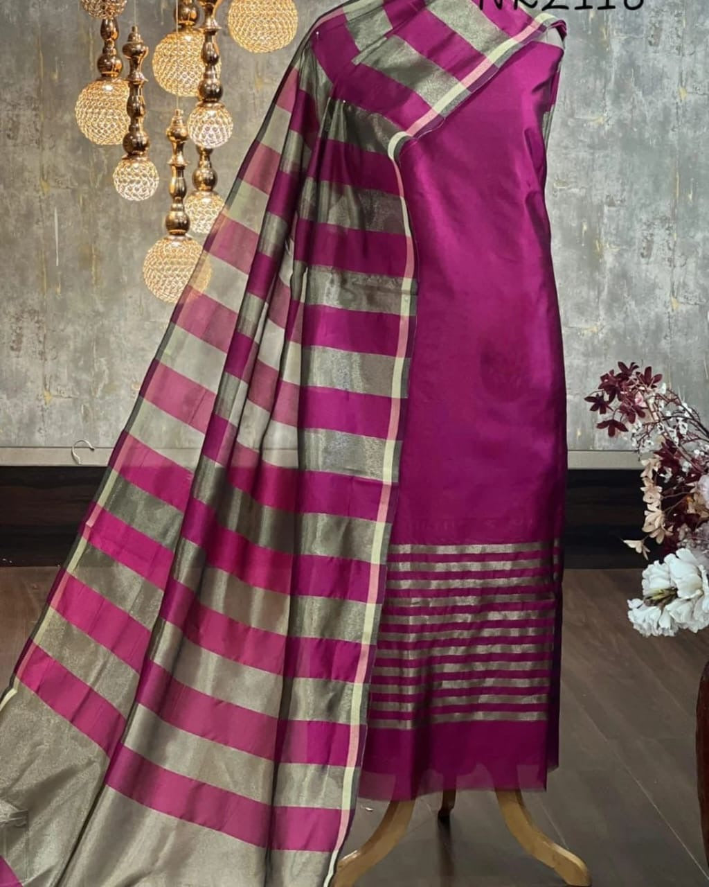 Elegance Is Here! Purple and gray striped Banaras Silk 3-piece suit set
