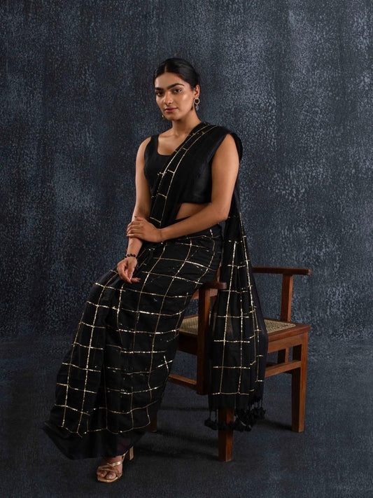 Black and gold checkered Sequins Handloom Tissue Silk Saree with Tassels – Premium Party & Festive Wear