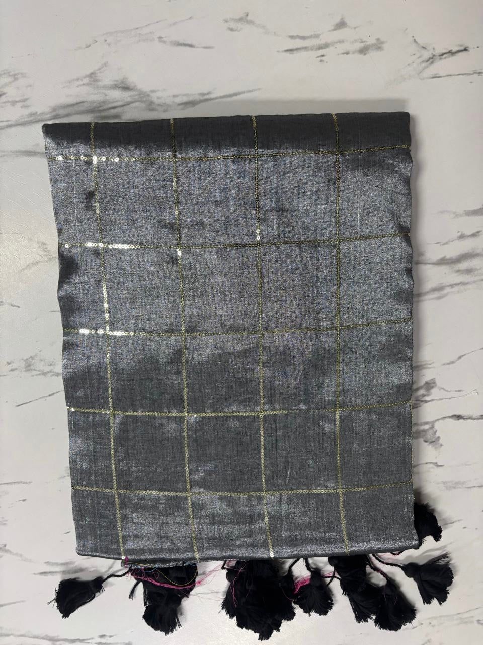 Gray Color Sequins Handloom Tissue Silk Saree with Tassels – Premium Party & Festive Wear