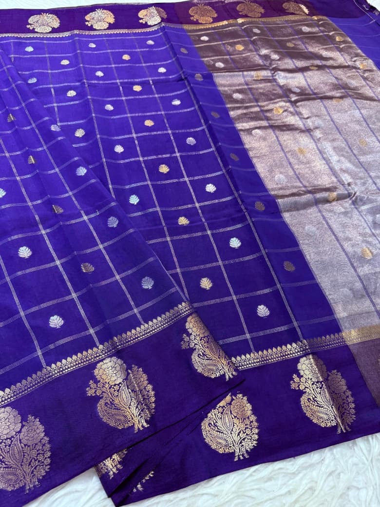 Royal Blue Banarasi Viscose Silk Saree with Zari Checks & Motifs