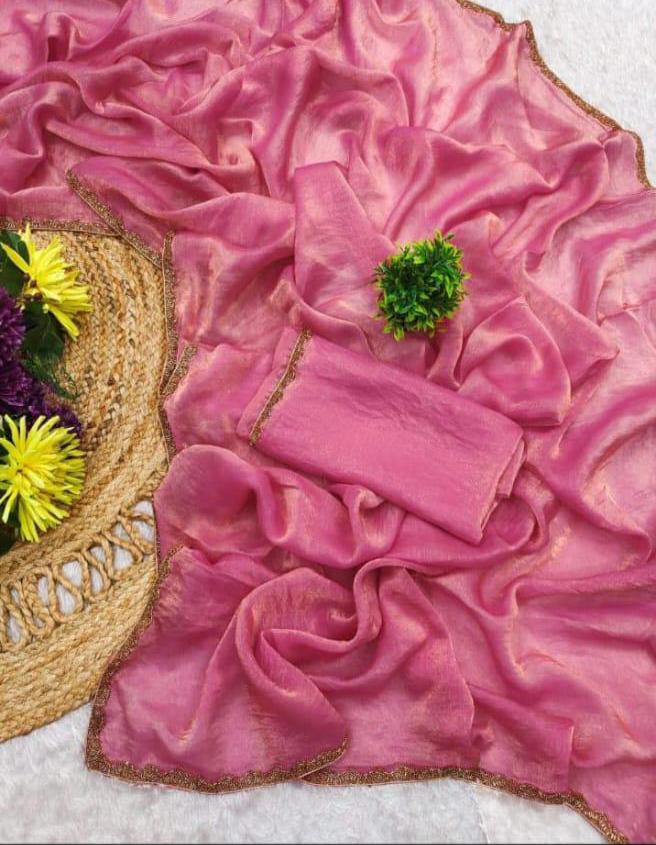 Rich Pink colour Shimmer crushed chiffon saree with golden beads lace border and running blouse