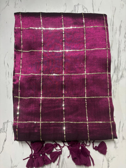 Purple & Gold checkered Sequins Handloom Tissue Silk Saree with Tassels – Premium Party & Festive Wear