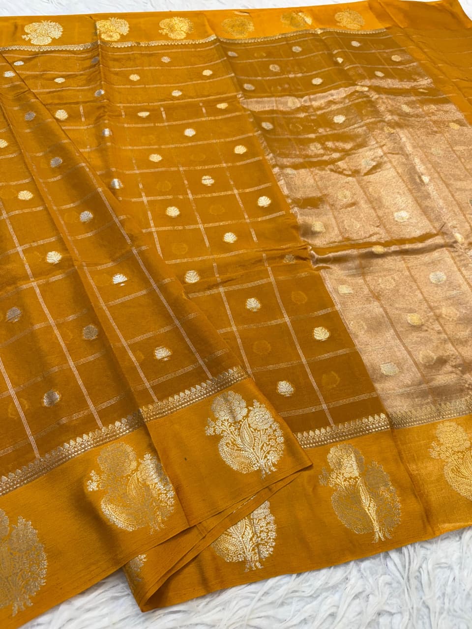 Mustard Banarasi Viscose Silk Saree with Golden Zari Weaves