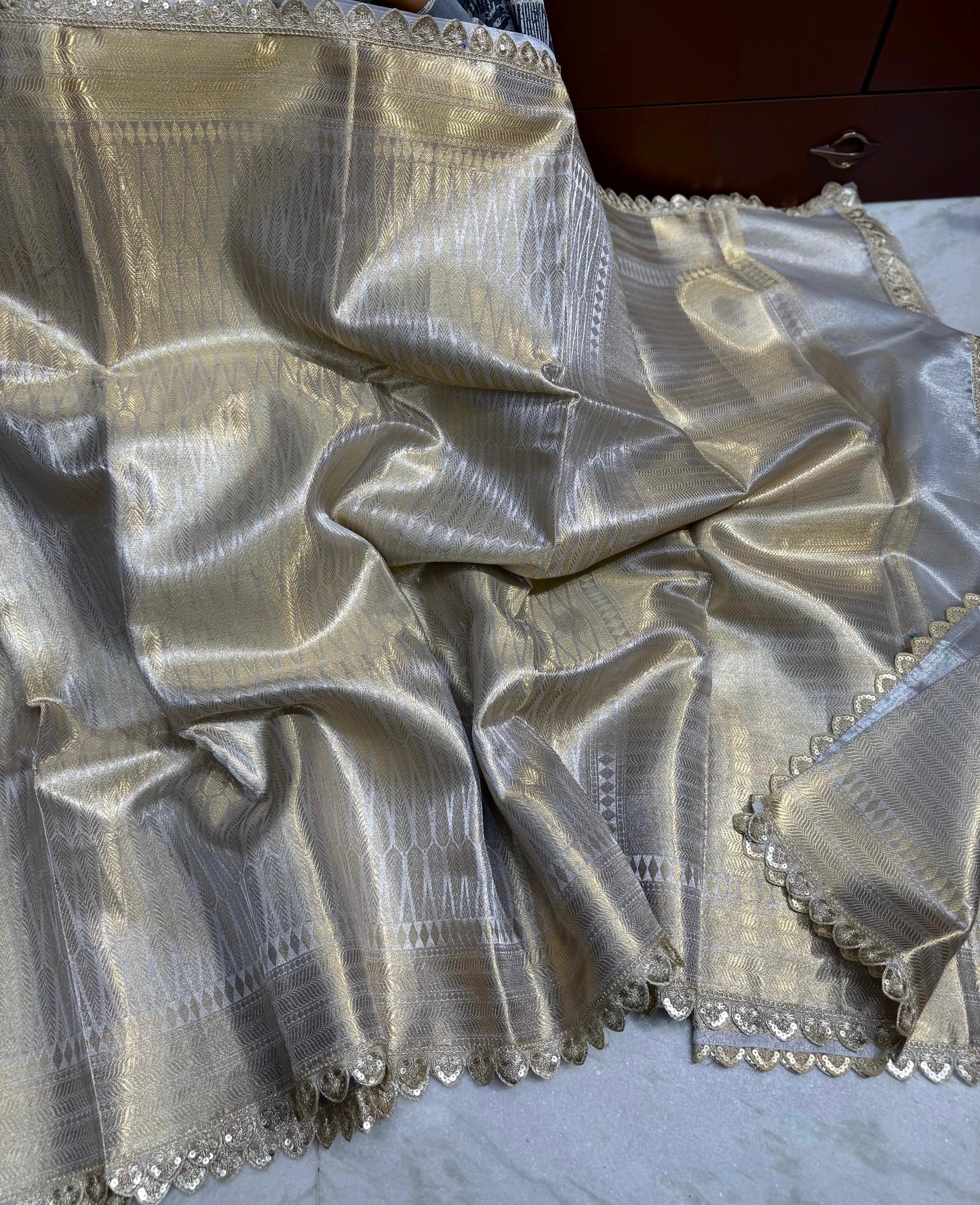 Elegant Banarasi Tissue Saree with Delicate Cutwork Lace Border