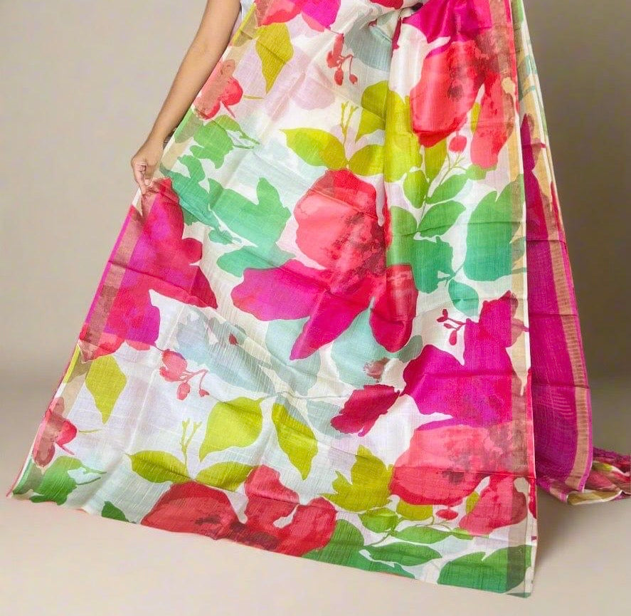 Pure handloom printed Tussar silk sarees hand block print digital design