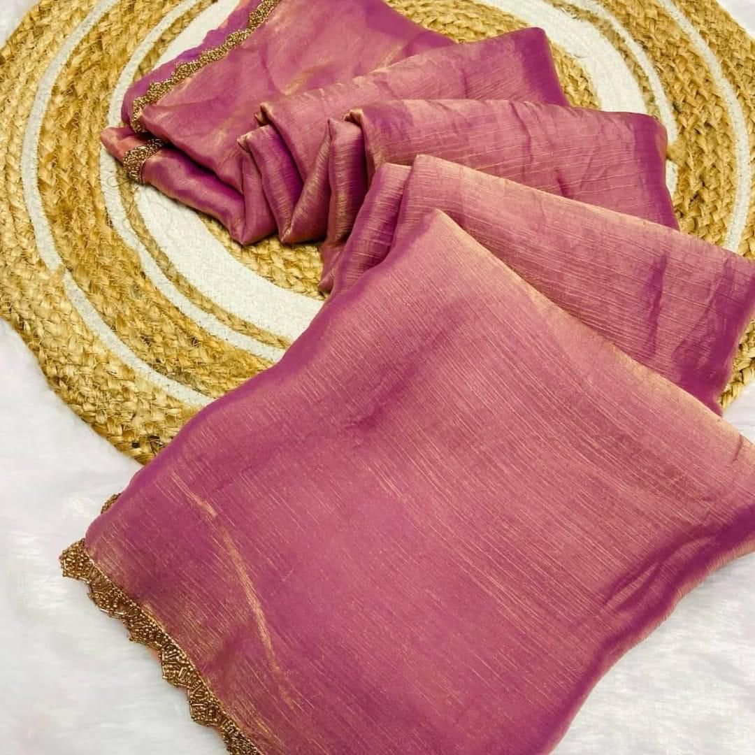 Rich Pink colour Shimmer crushed chiffon saree with golden beads lace border and running blouse