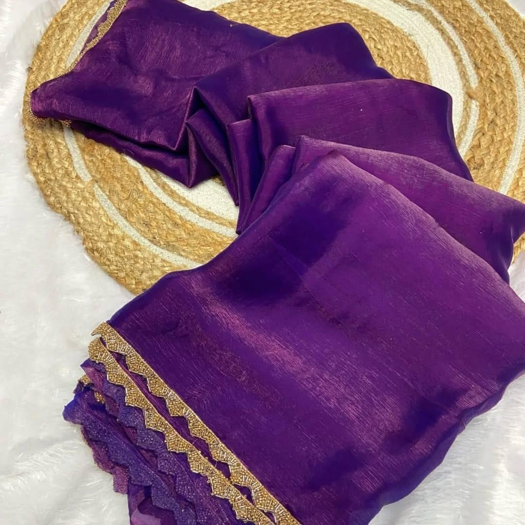 Rich blue colour Shimmer crushed chiffon saree with golden beads lace border and running blouse