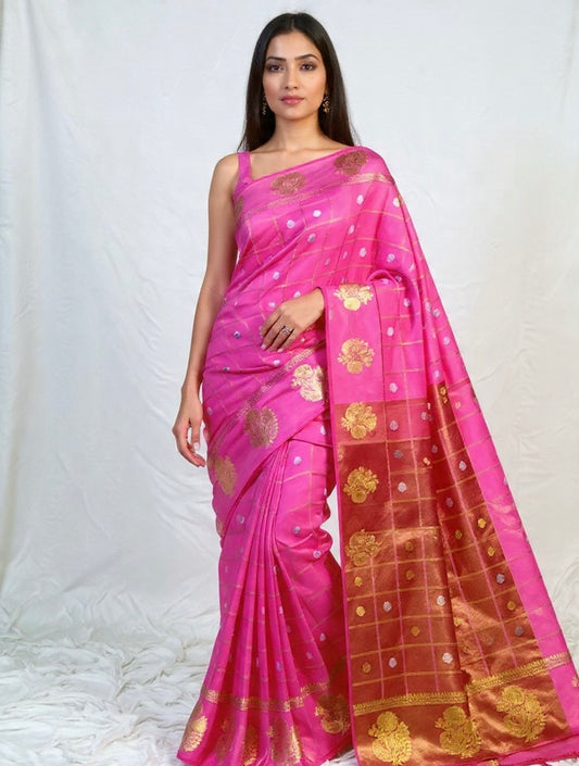 Pink colour Banarasi viscose silk saree with zari checks weaves