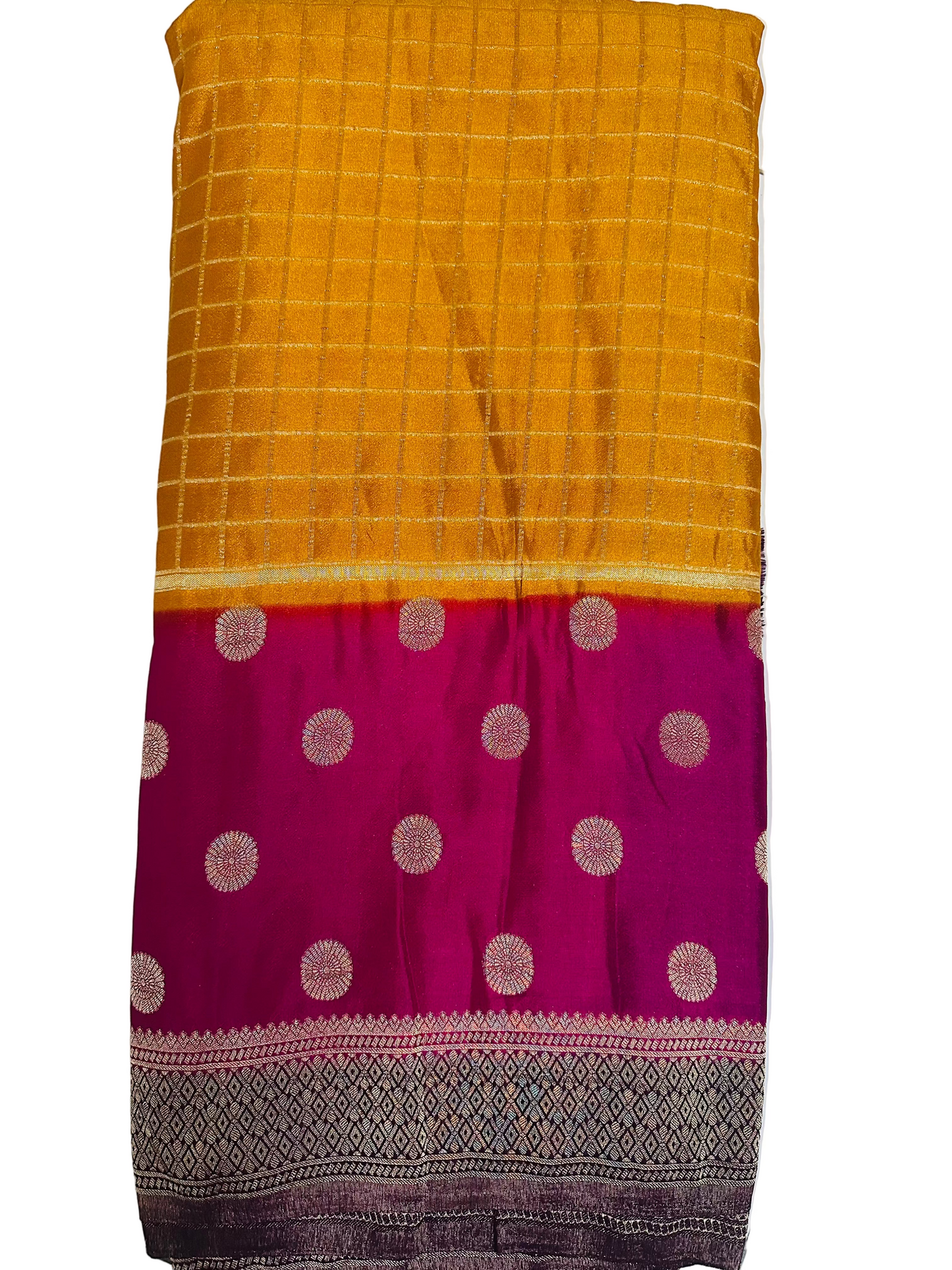 Pure Banarasi Crepe Chiffon Saree – Mustard & Magenta pink with Zari Detailing