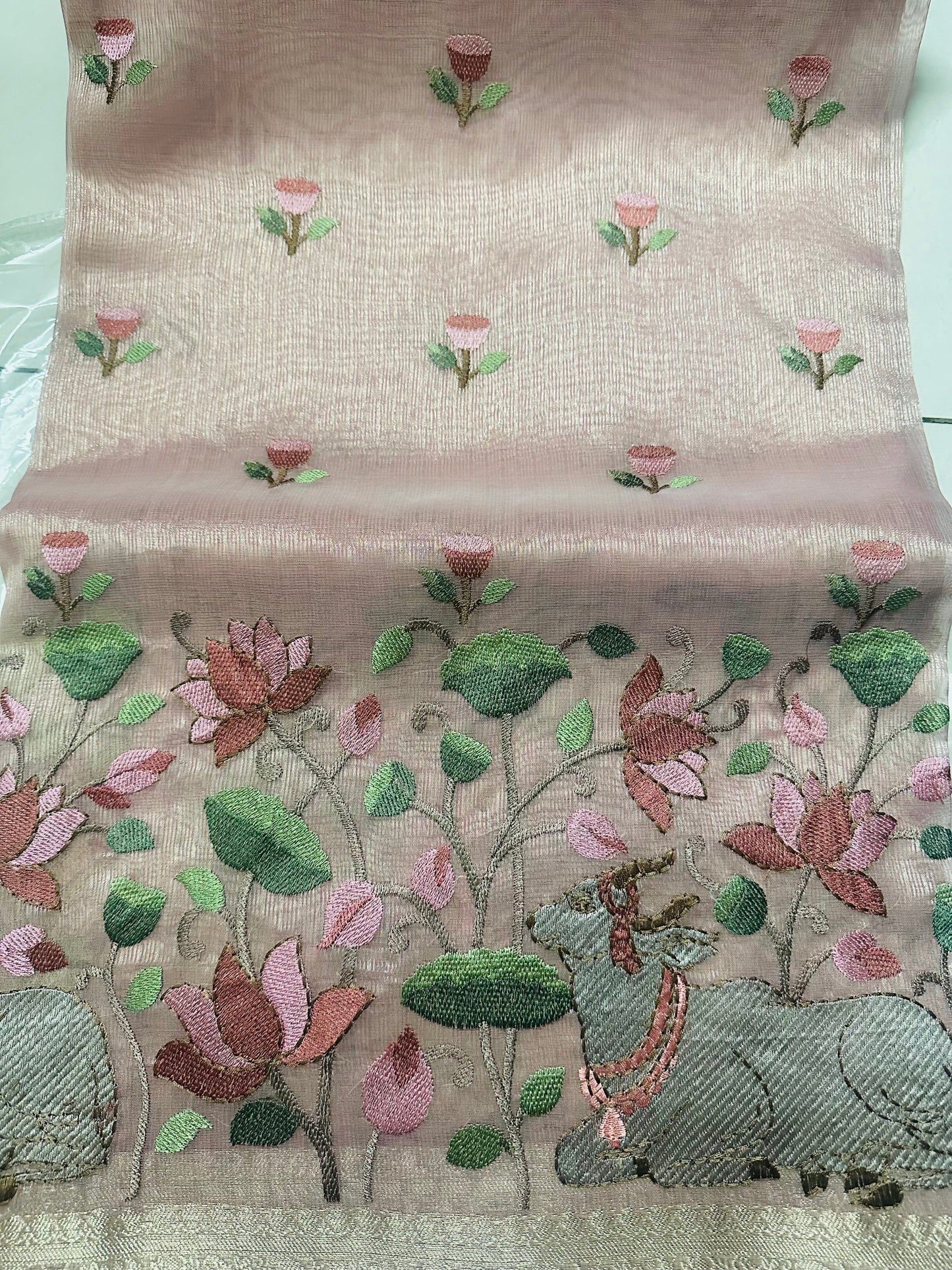 Elegant Pichwai Embroidery Saree in Luxe Tissue Fabric
