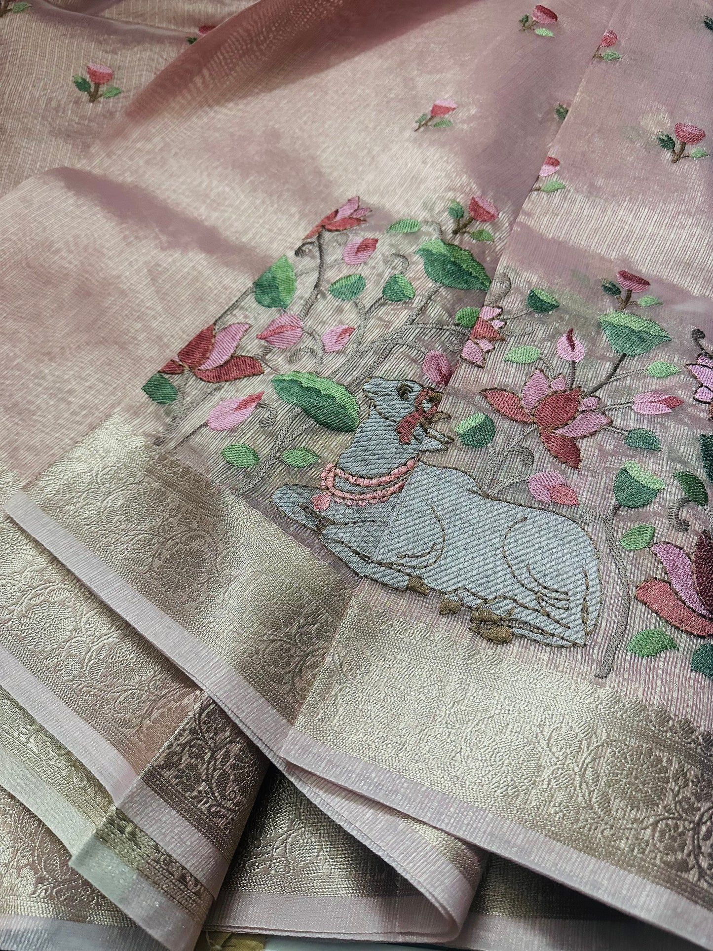 Elegant Pichwai Embroidery Saree in Luxe Tissue Fabric