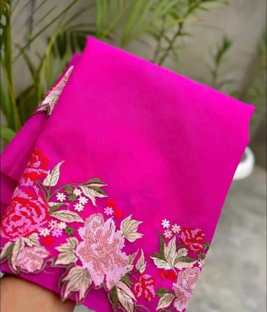 Elegant Bright Pink Organza Saree with All-Over Floral Embroidery Border
