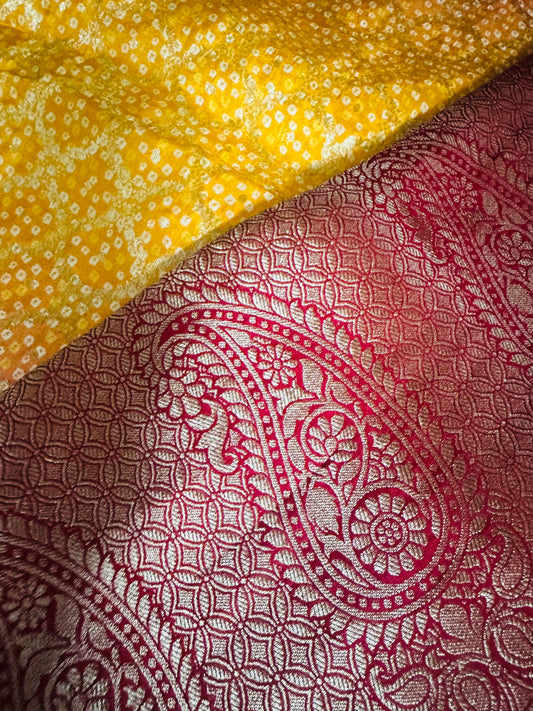 Radiant Banaras Semi-Khadi Georgette Bandhini Saree in Yellow & Pink Pattern