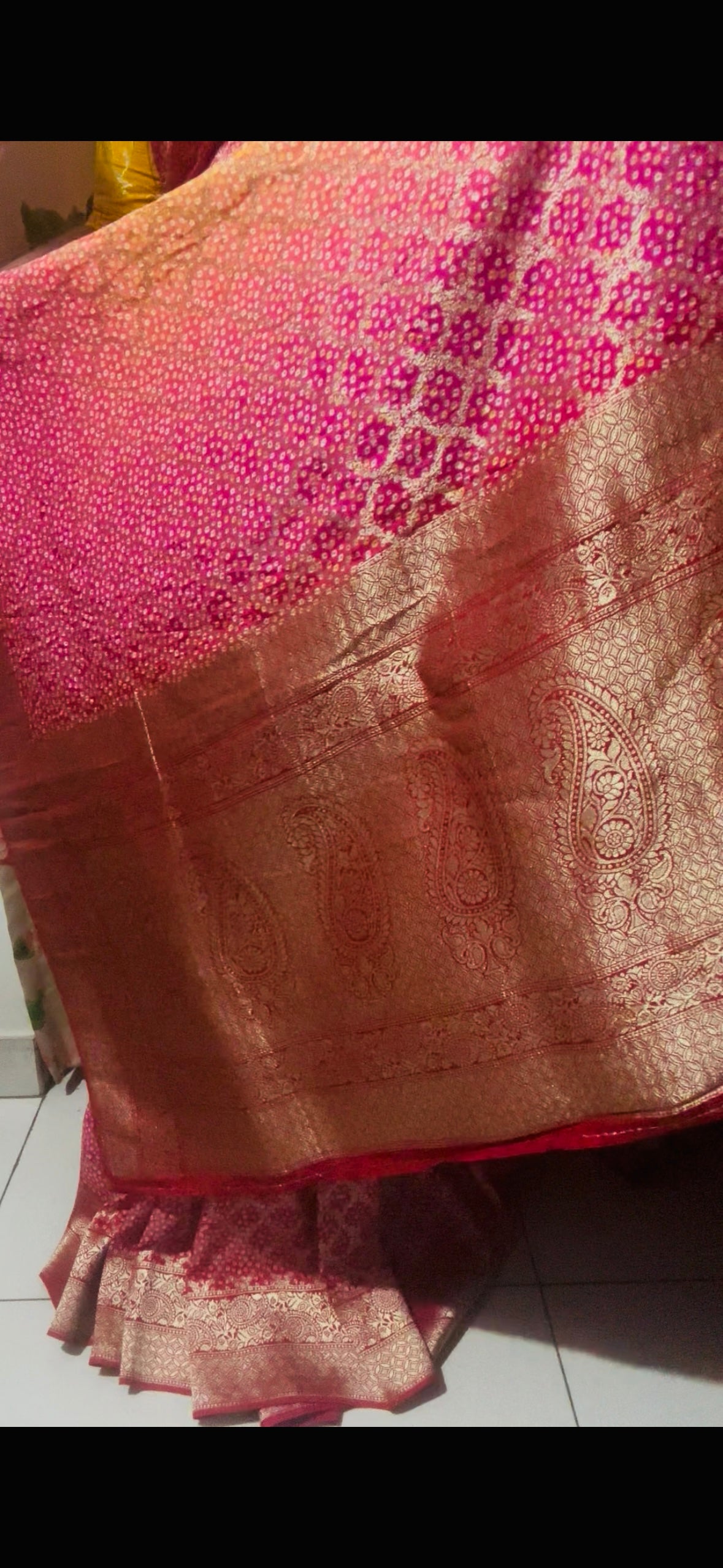 Radiant Banaras Semi-Khadi Georgette Bandhini Saree in Yellow & Pink Pattern