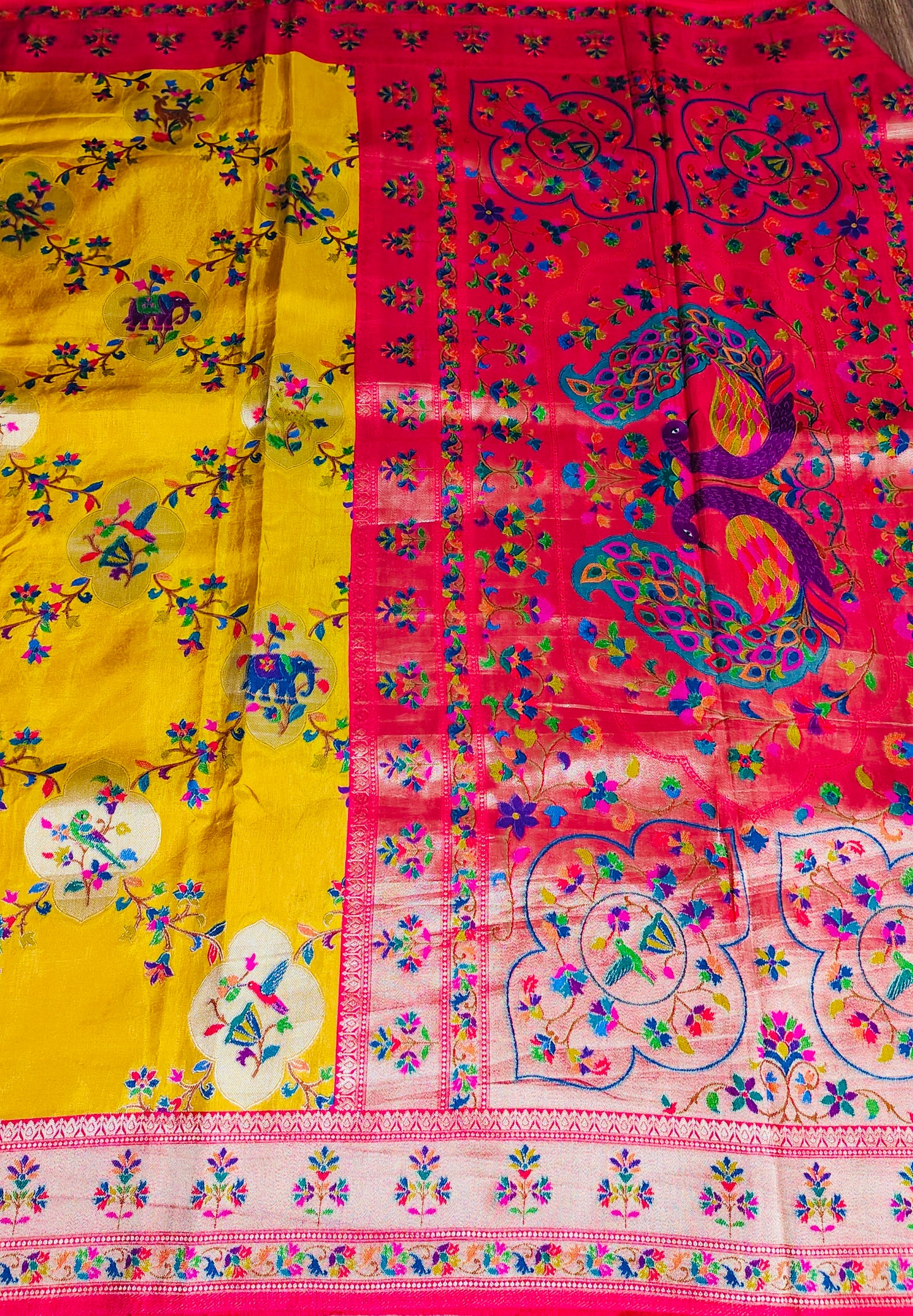 Royal Glow of Yellow With Red Combination of Banaras Silk Saree with Heavy Paithani Pallu – A Fusion of Heritage and Grace