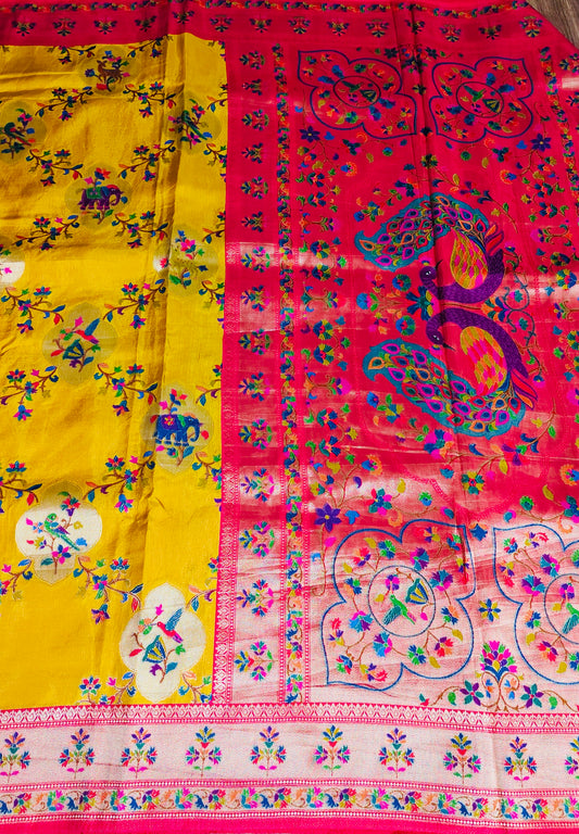 Royal Glow of Yellow With Red Combination of Banaras Silk Saree with Heavy Paithani Pallu – A Fusion of Heritage and Grace