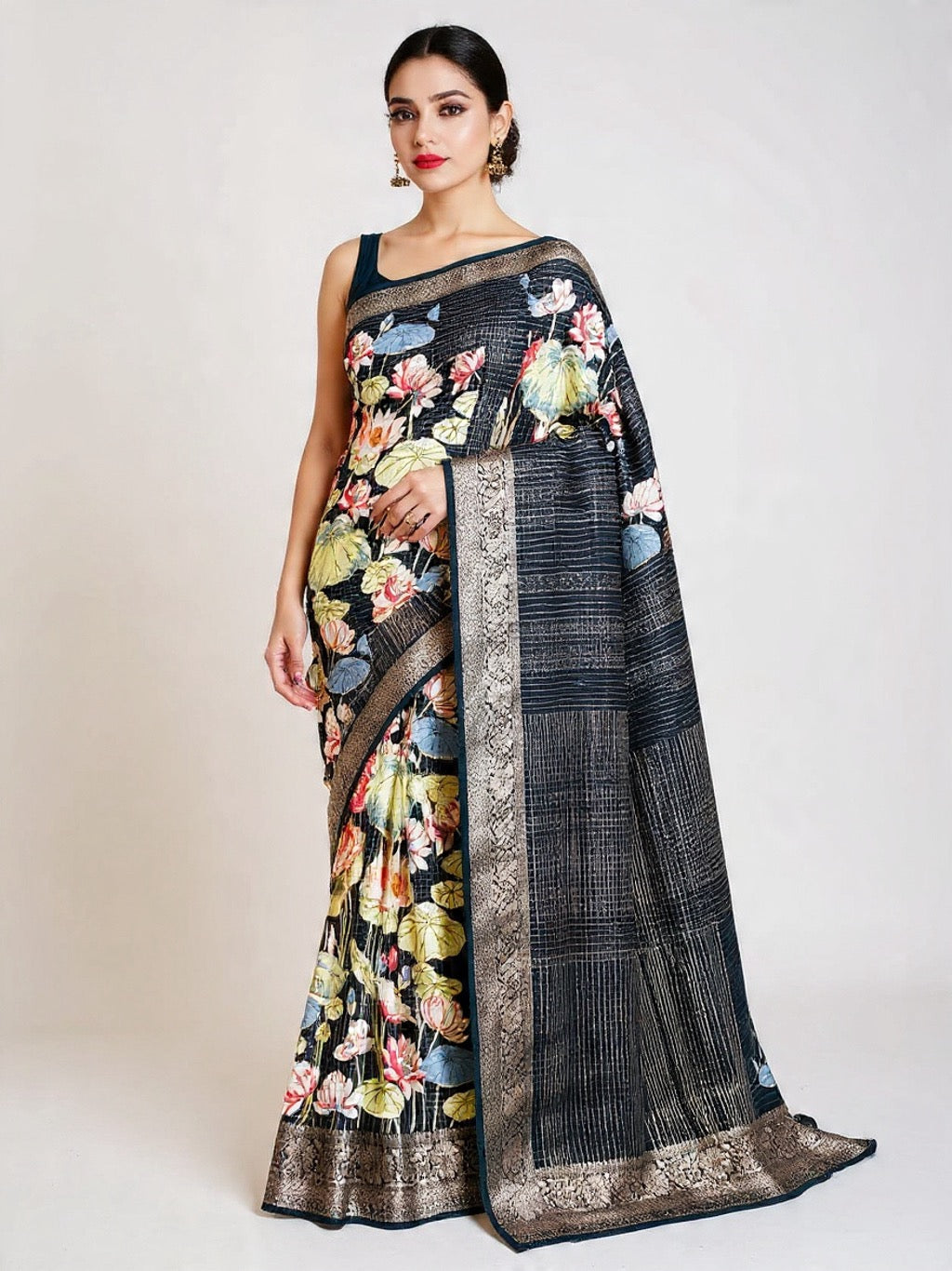 Premium Russian Crepe Silk Saree with Elegant Black Lotus Floral Prints with Zari border