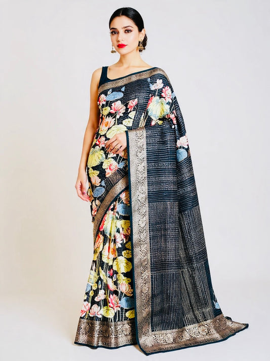 Premium Russian Crepe Silk Saree with Elegant Black Lotus Floral Prints with Zari border