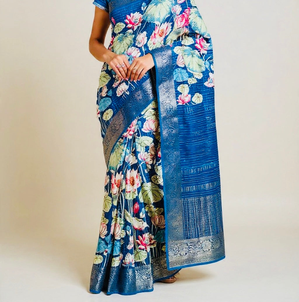 Elegant Royal Blue Lotus Print Russian Crepe Silk Saree with Gold Zari Border